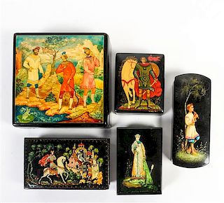 Five Russian Lacquered Boxes Width of largest 4 3/4 inches.