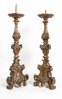 A Pair of Giltwood Prickets Height 28 1/2 inches overall.