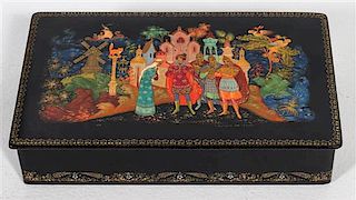 * A Russian Lacquered Box Length 8 1/4 inches.