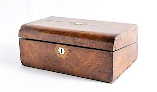 A Victorian Burlwood Box Height 5 1/2 x width 13 3/4 x depth 9 1/4 inches.