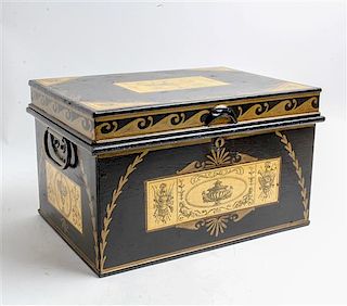 A Victorian Decoupage Tole Box Height 9 1/2 x width 16 1/4 x depth 12 inches.