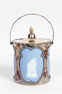 A Silver-Plate Mounted Wedgwood Biscuit Jar Height over handles 8 inches.