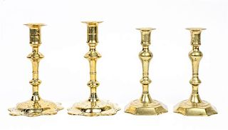 Two Pairs of English Brass Candlesticks Height of tallest 7 3/8 inches.