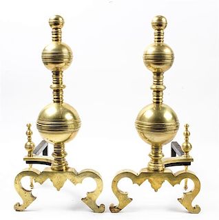 A Pair of American Brass Andirons Height 22 3/4 inches.