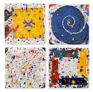 After Sam Francis, (American, 1923-1994), the complete set of four ceramic plates in colors, c. 2000, originally sold by the Mus