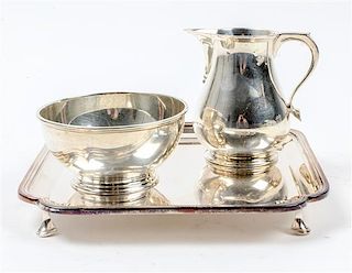 A George VI Silver Creamer and Sugar, Walter H. Wilson Ltd., London, 1952, together with a silver-plate salver