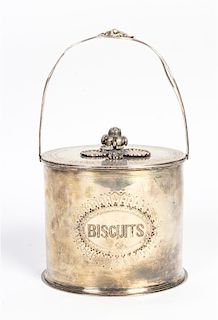An English Silver-Plate Biscuit Barrel Height over handle 11 inches.