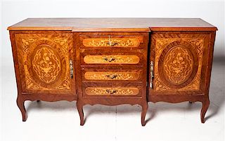 A Continental Marquetry Sideboard Height 36 x width 69 x depth 20 1/4 inches.