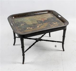 A Continental Tole Tray on Stand Height of table 18 inches overall.
