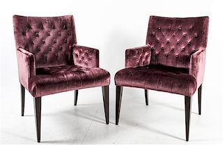 * A Pair of Velvet Upholstered Armchairs Height 37 inches.