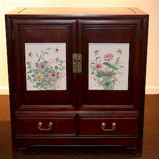 A Chinese Porcelain Inset Cabinet Height 34 x width 31 3/8 x depth 18 inches.
