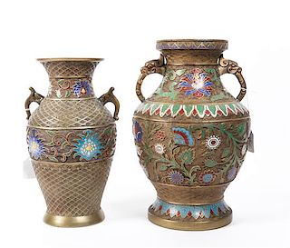 Two Chinese Gilt Metal and Enamel Vases Height of taller 13 1/4 inches.