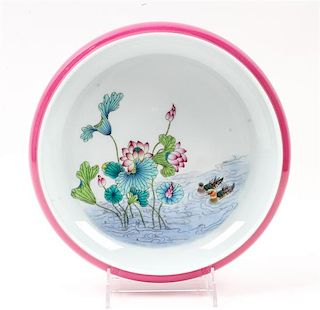 A Chinese Ruby-Back and Famille Rose Porcelain Jardiniere Diameter 9 inches.