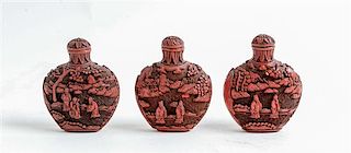 * Three Carved Red Lacquer Snuff Bottles Height of tallest 3 inches.
