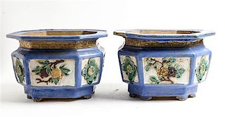 * A Pair of Sancai Glazed Porcelain Jardinières Height of each 9 1/2 x width 14 3/4 x depth 12 3/4 inches.