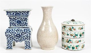 Three Chinese Porcelain Articles Height of tallest 9 inches.
