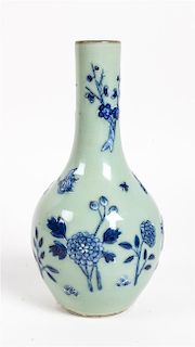 A Chinese Underglaze Blue and Celadon Porcelain Bottle Vase Height 9 1/4 inches.