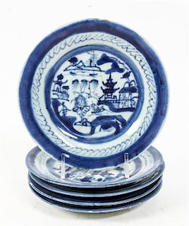Five Chinese Export Canton Blue and White Porcelain Dishes Diameter of largest 6 1/8 inches.
