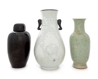 Three Chinese Monochrome Glazed Porcelain Vases Height of tallest 15 inches.