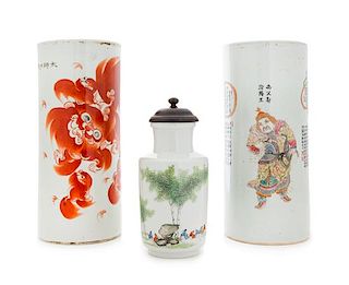 Three Chinese Polychrome Enameled Porcelain Articles Height of tallest 11 inches.