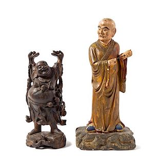 Two Chinese Carved Wood Figures Height 23 inches.