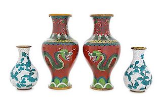 Two Pairs of Chinese Cloisonne Enamel Vases Height 9 1/8 inches.