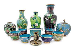 Sixteen Chinese Cloisonne Enamel Wares Height of tallest 15 inches.