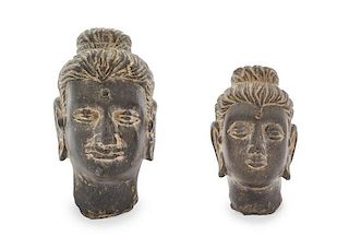 Two Gandharan Grey Schist Heads of Buddha Height of taller 4 3/4 inches.