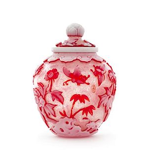 A Chinese Red Overlay Clear Peking Glass Covered Jar Height 4 1/2 inches.