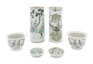 Six Chinese Polychrome Enameled Porcelain Articles Height of tallest 11 1/8 inches.