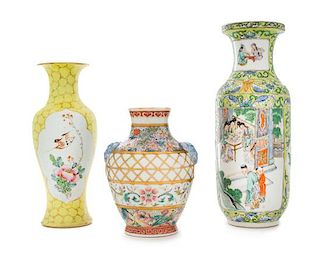 Three Chinese Famille Rose Porcelain Vases Height of tallest 9 3/4 inches.