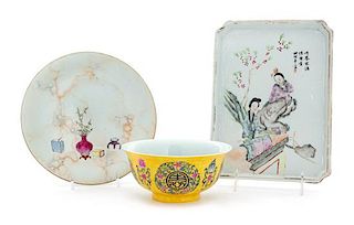Three Chinese Famille Rose Porcelain Articles Length of largest 9 1/4 inches.