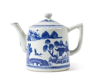 A Chinese Export Canton Blue and White Porcelain Teapot Height 6 1/2 inches.