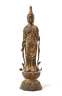 A Chinese Gilt Bronze Figure of Guanyin Height 21 inches.