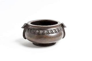 A Chinese Bronze Censer Height 2 1/2 x width over handles 5 1/2 inches.