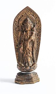 A Chinese Gilt Bronze Figure of Guanyin Length 5 1/2 inches.