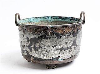 A Chinese Silver Inlaid Bronze Vessel Height over handles 8 x width 10 5/8 inches.