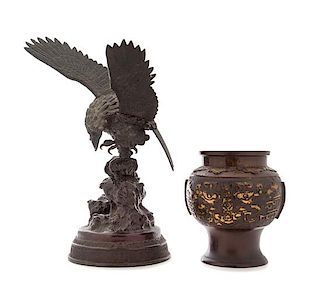Two Japanese Bronze Articles Height of taller 15 1/2 inches.