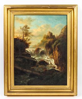 Eugene Van Hove, (European, 19th century), Traveler Passing a Waterfall