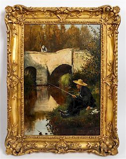 Etienne Prosper Berne-Bellecour, (French, 1838-1910), Fishing by Bridge, 1876