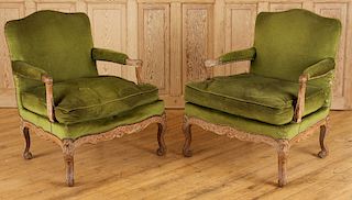 PAIR FRENCH OAK OPEN ARM CHAIRS ATTR. TO GOUFFE