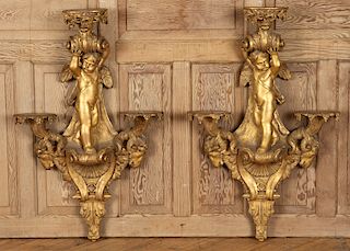 PAIR GILT WOOD WALL MOUNTED SHELVES REGENCY STYLE