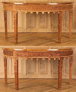 PAIR SHERATON STYLE DEMI LUNE CONSOLE TABLES