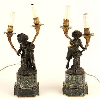 LATE 19TH C PAIR BRONZE FIGURAL LAMPS MARBLE BASE