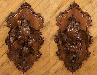 PAIR BLACK FOREST CARVED WALNUT PLAQUES