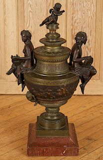 LARGE LATE 19TH C. BRONZE URN ON MARBLE BASE