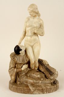MARBLE FIGURAL GROUP PIERROT & NUDE FEMALE C.1900