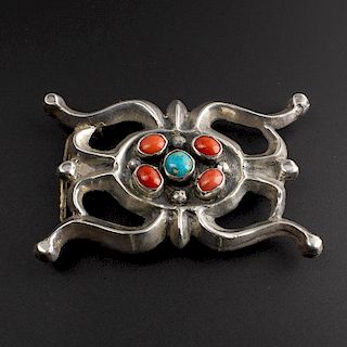 Sterling Silver Buckle with Turquoise and Coral