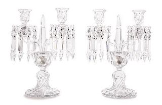A Pair of Baccarat Glass Two-Light Candelabra, Height 12 3/4 inches.