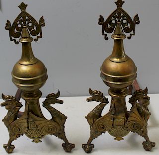 Pair Of Brass Sea Horse Form Andirons.